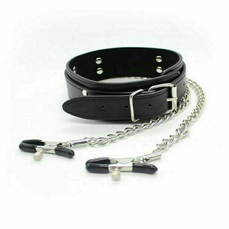 Leather Neck collar with Nipple Clips