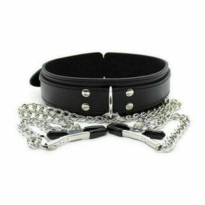 Leather Neck collar with Nipple Clips